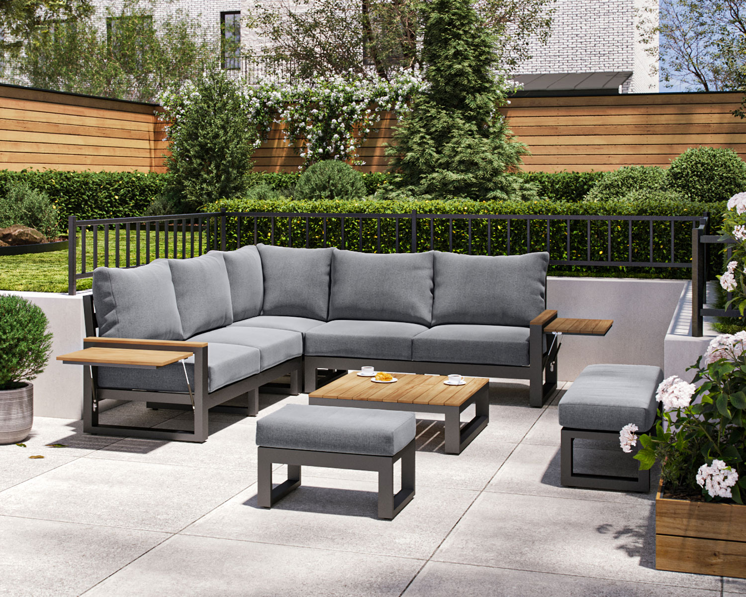 Product photograph of Aluminium Teak Garden Corner Sofa Set With Grey Cushions - Sequoyah from Rattan Direct