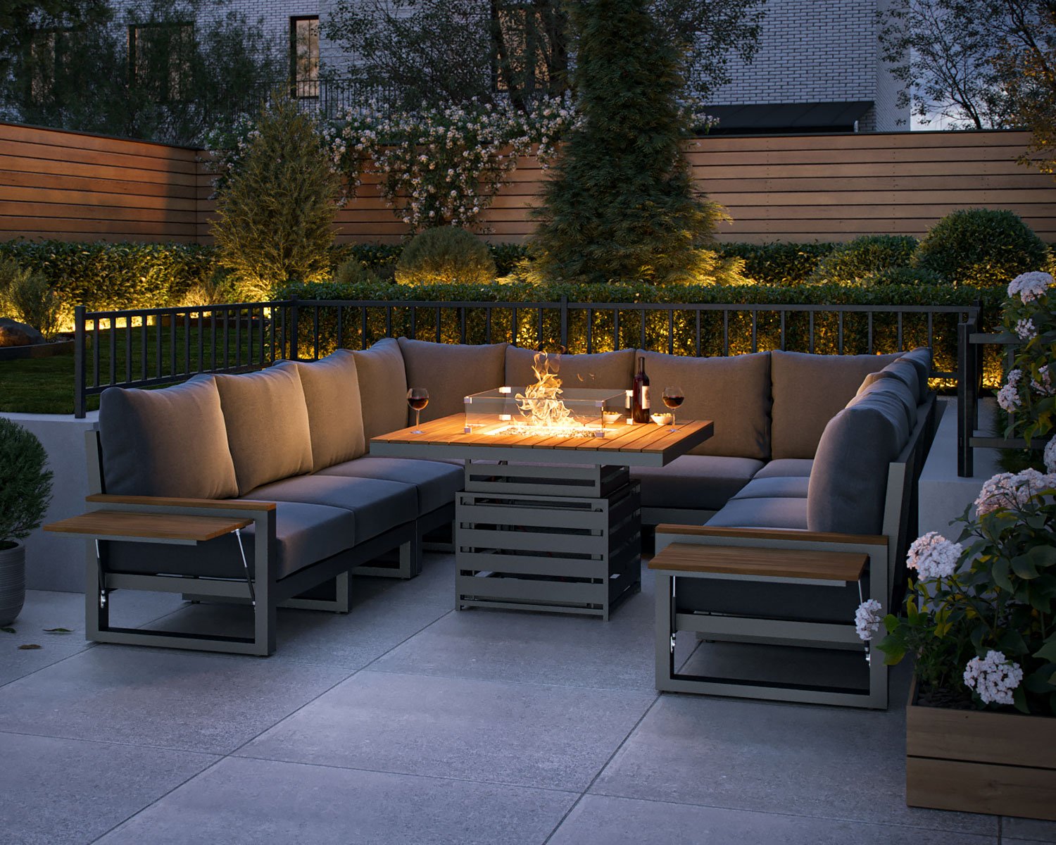Aluminium Teak U Shaped Garden Sofa With Adjustable Fire Pit Table Sequoyah