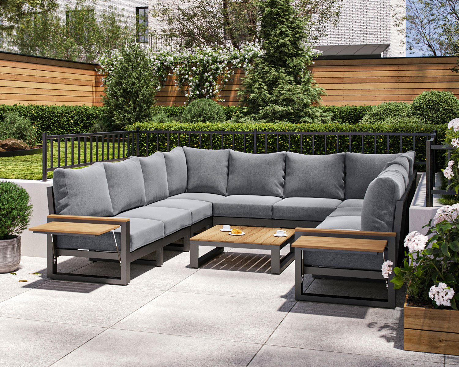 Product photograph of Aluminium Teak U-shaped Garden Sofa With Grey Cushions - Sequoyah from Rattan Direct