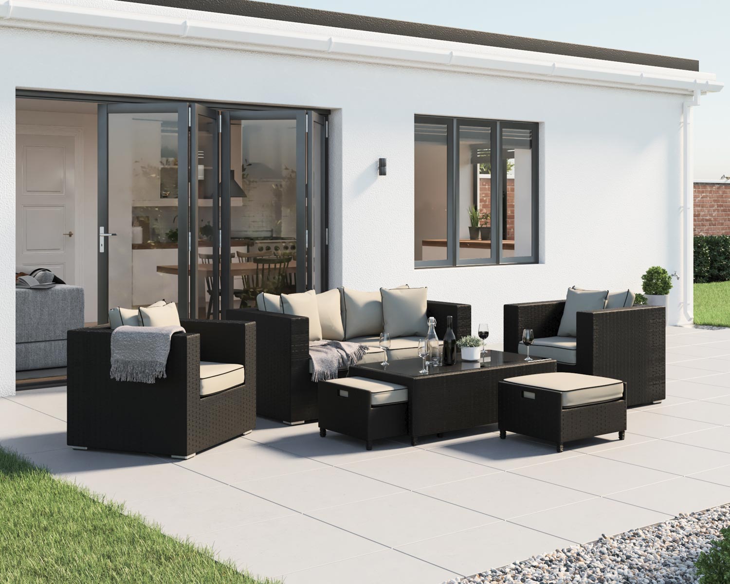 2 Seater Rattan Garden Sofa & Armchair Set in Black & White - Ascot - Rattan Direct