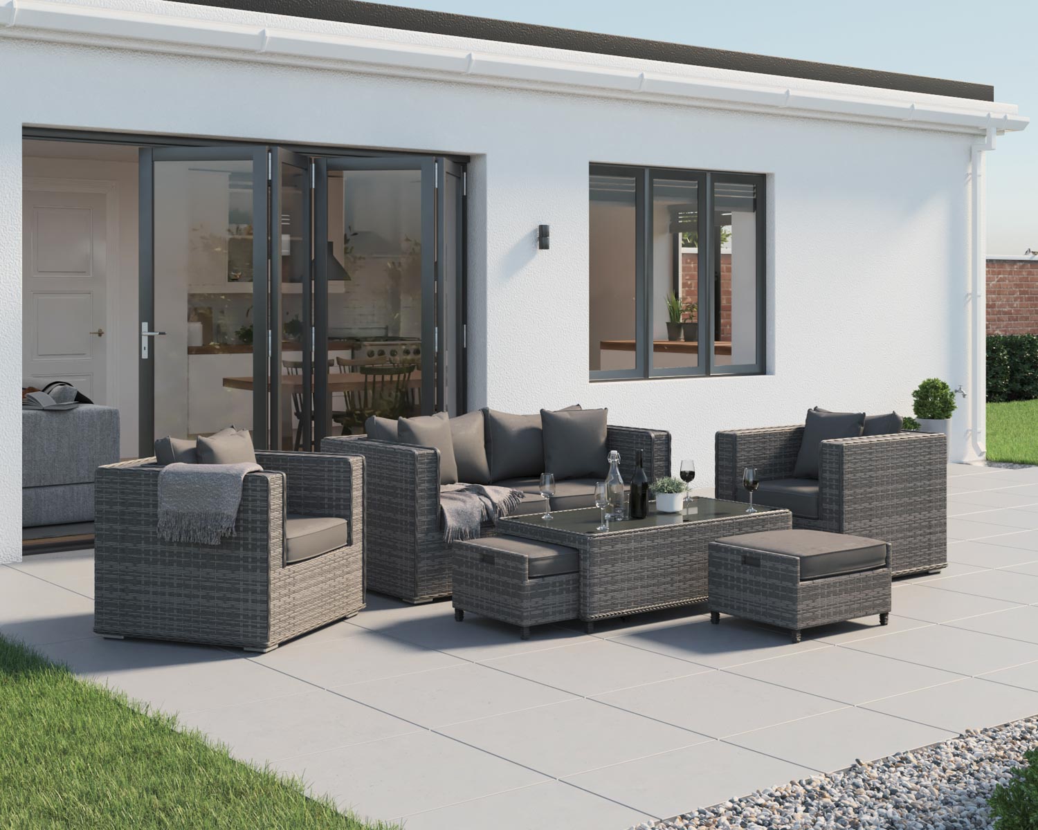 2 Seater Rattan Garden Sofa & Armchair Set in Grey - Ascot - Rattan Direct