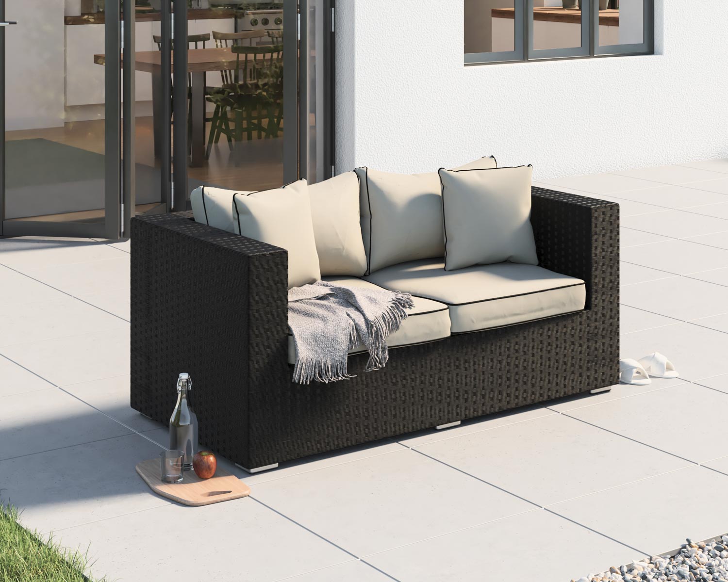 2 Seater Rattan Garden Sofa in Black With White Cushions - Ascot - Rattan Direct