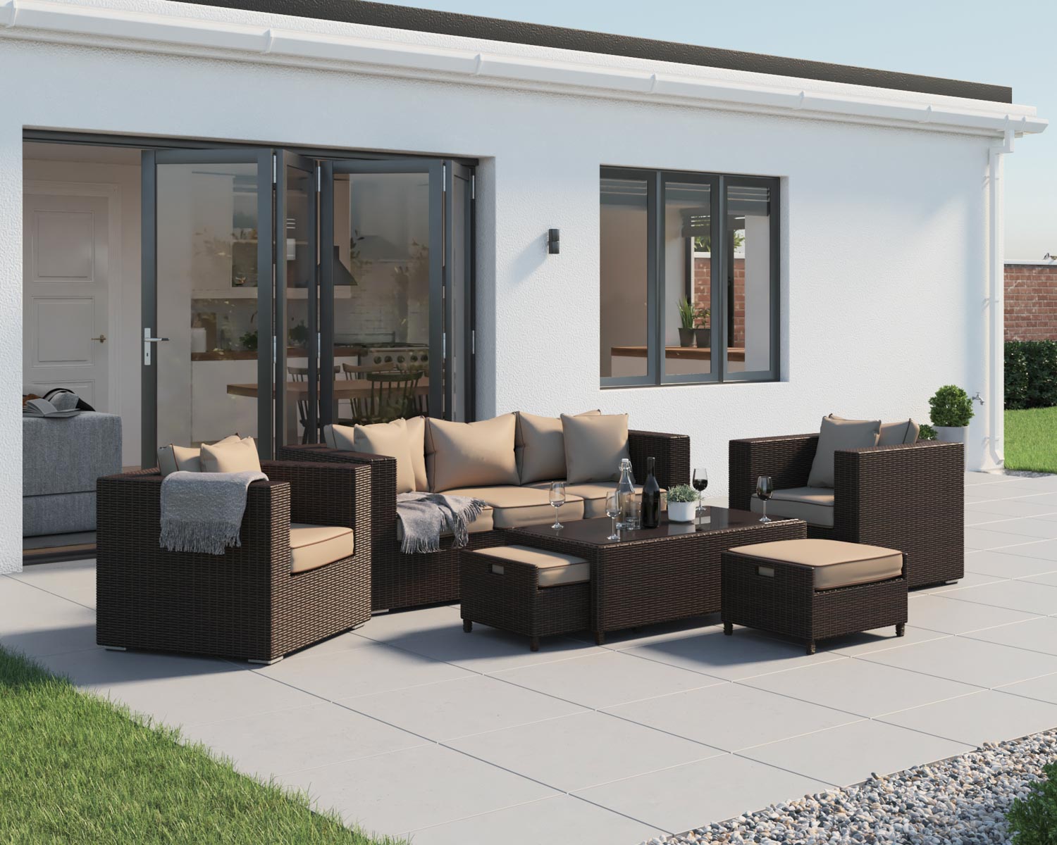 3 Seater Rattan Garden Sofa & Armchair Set in Brown - Ascot - Rattan Direct