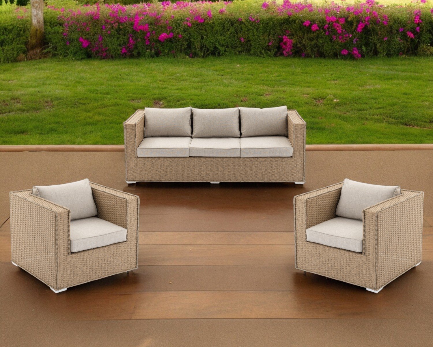 3 Seater Rattan Garden Sofa With Armchairs In Willow Ascot Rattan Direct