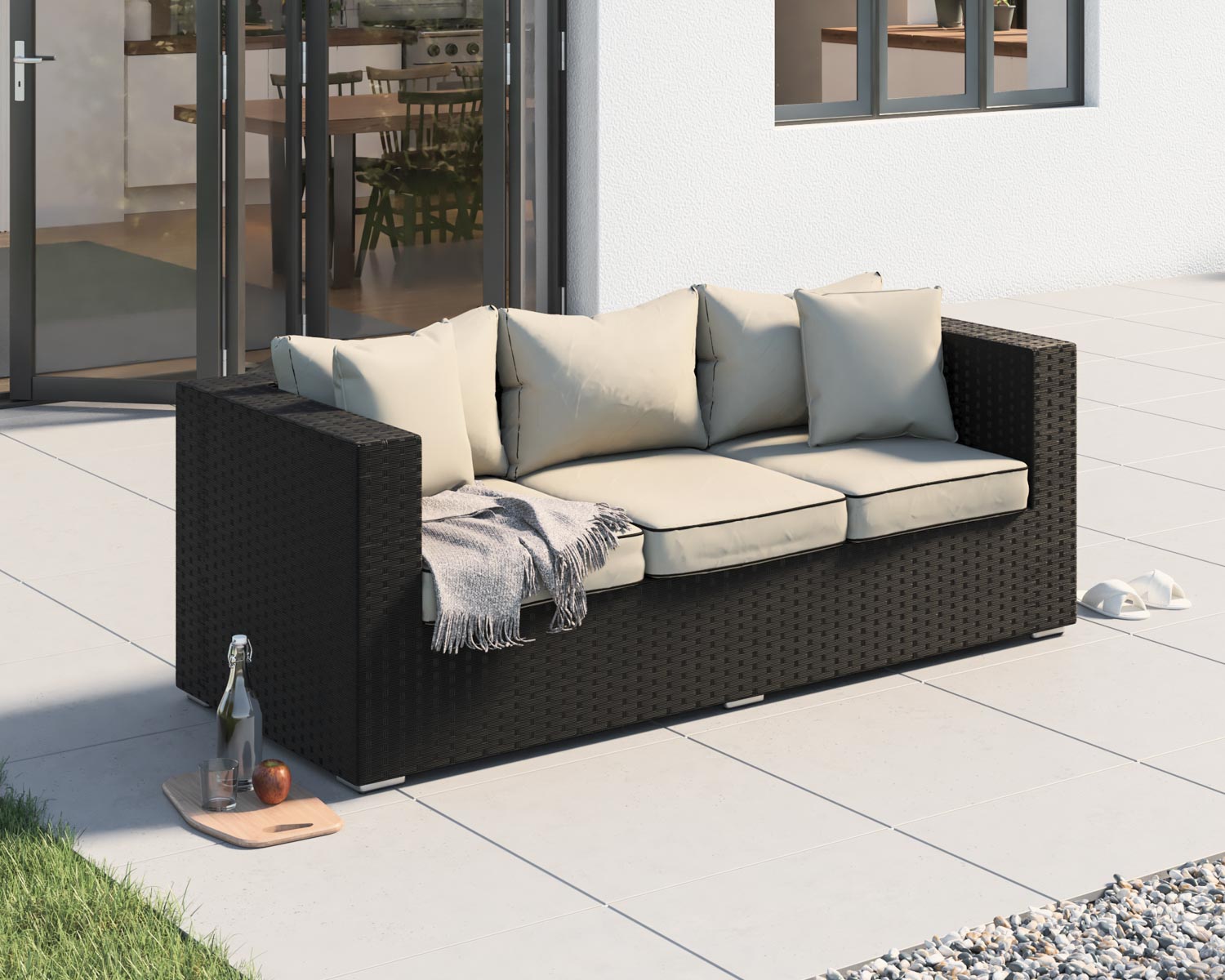 Product photograph of Ascot 3 Seater Rattan Garden Sofa In Black White - Rattan Direct from Rattan Direct