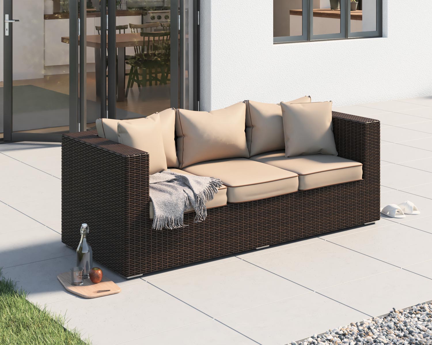 3 Seater Rattan Garden Sofa in Brown - Ascot - Rattan Direct