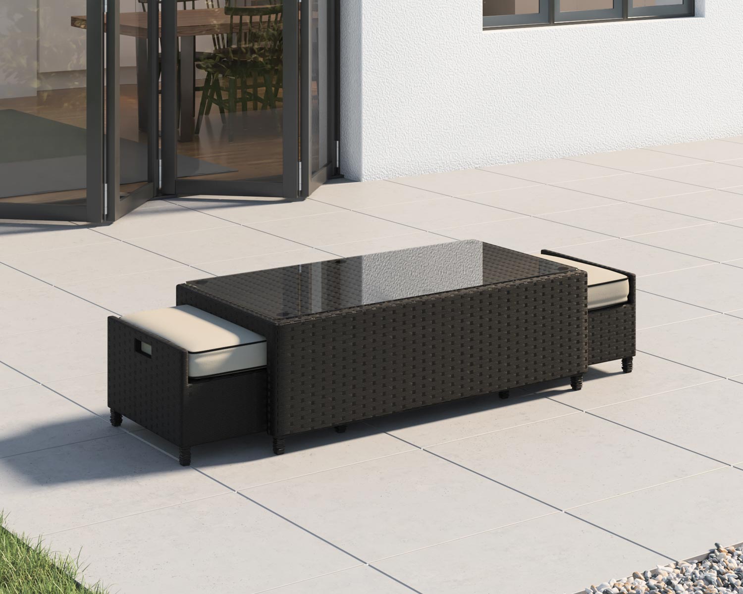 Product photograph of Ascot Rattan Garden Coffee Table With 2 Footstools In Black White - Rattan Direct from Rattan Direct