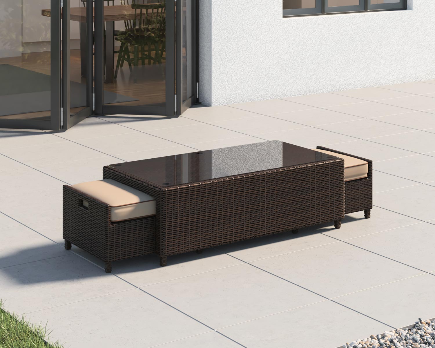 Product photograph of Rattan Garden Coffee Table With 2 Footstools In Brown - Ascot - Rattan Direct from Rattan Direct
