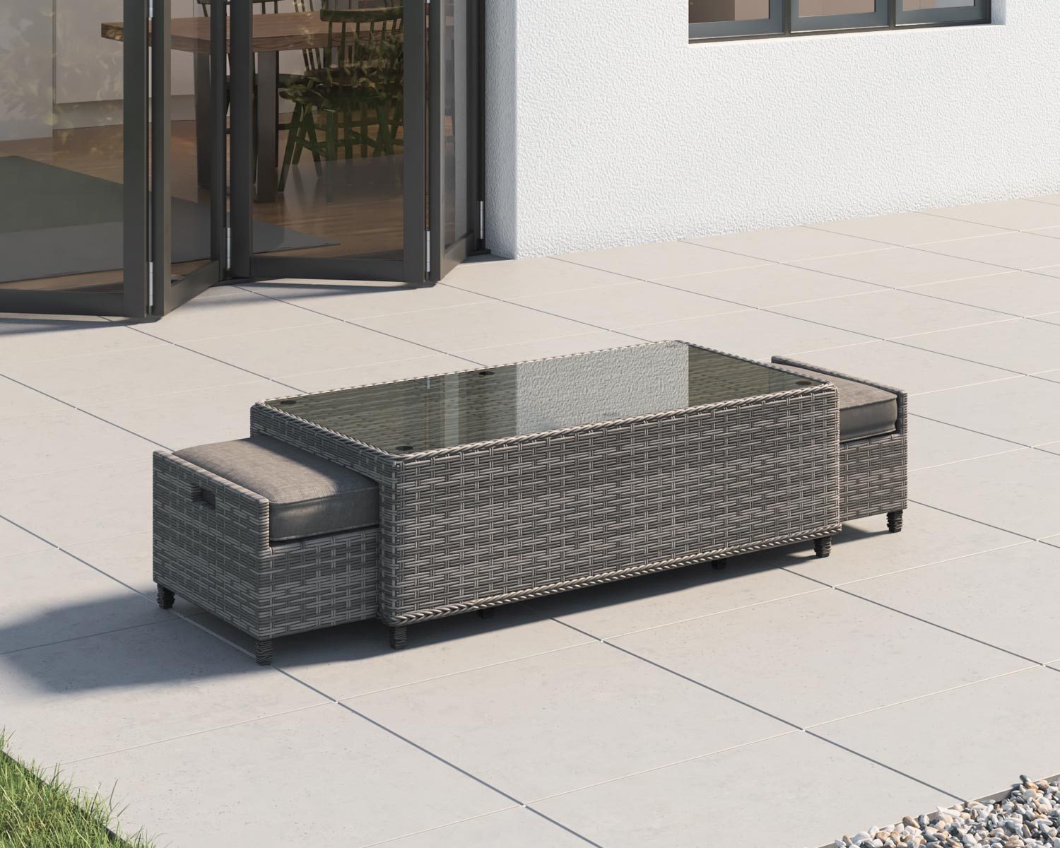 Product photograph of Rattan Garden Coffee Table With 2 Footstools In Grey - Ascot - Rattan Direct from Rattan Direct