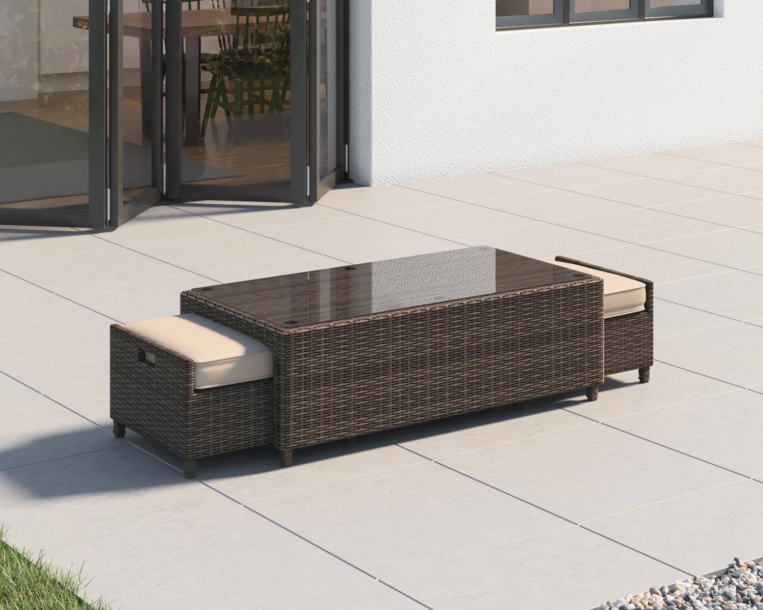 Product photograph of Rattan Garden Coffee Table With 2 Footstools In Truffle Brown Champagne - Ascot - Rattan Direct from Rattan Direct