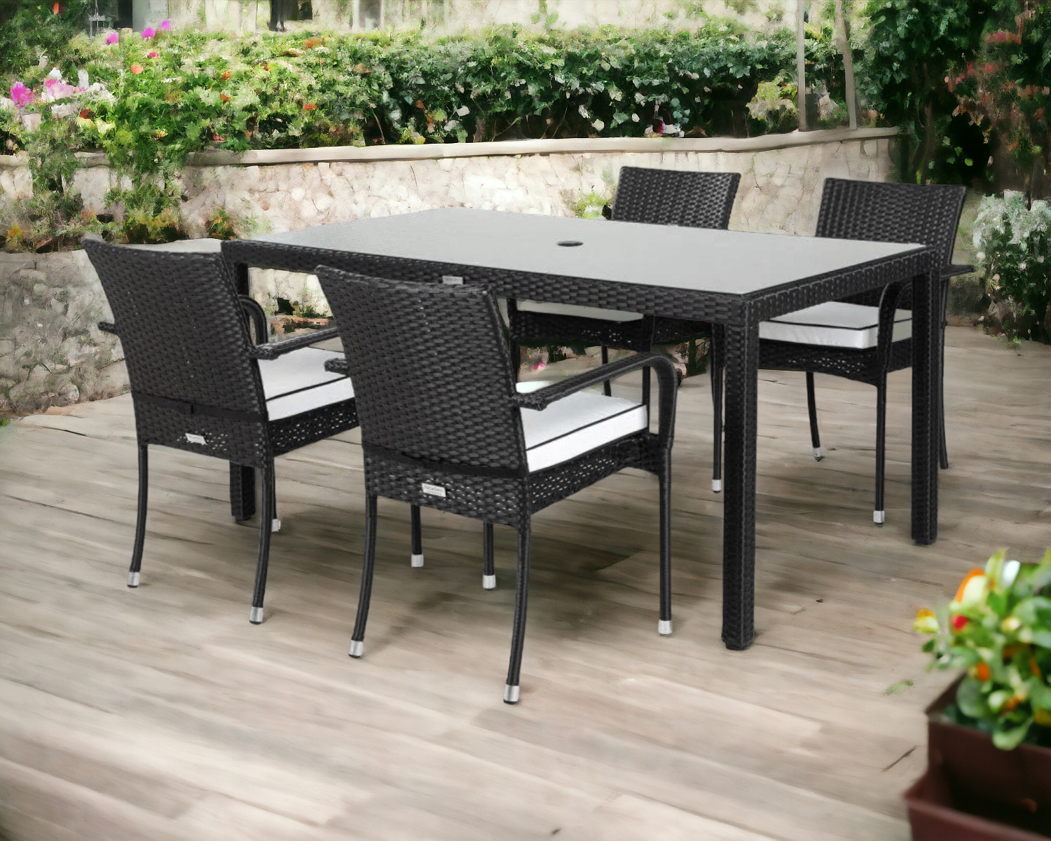 Product photograph of 4 Rattan Garden Chairs Small Rectangular Dining Table Set In Black White - Roma - Rattan Direct from Rattan Direct
