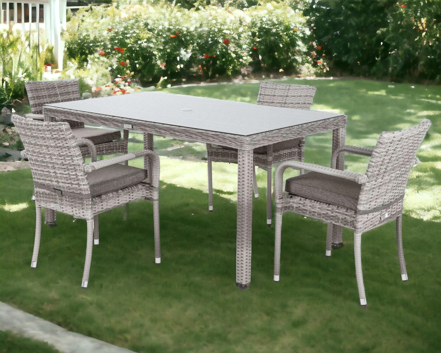 Product photograph of Roma 4 Stackable Chairs Rectangular Open Leg Dining Table In Grey - Roma - Rattan Direct from Rattan Direct