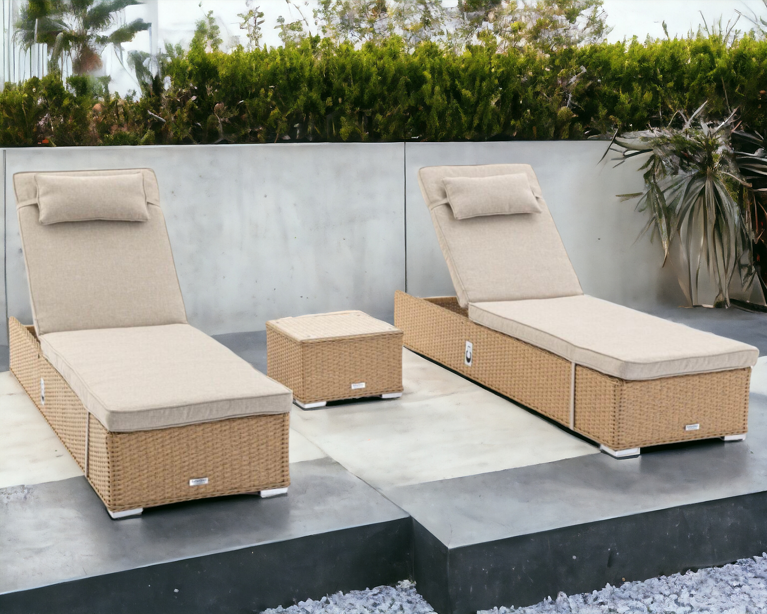 Rattan Garden Sun Lounger Set In Willow 2 Loungers 1 Table Miami Rattan Direct