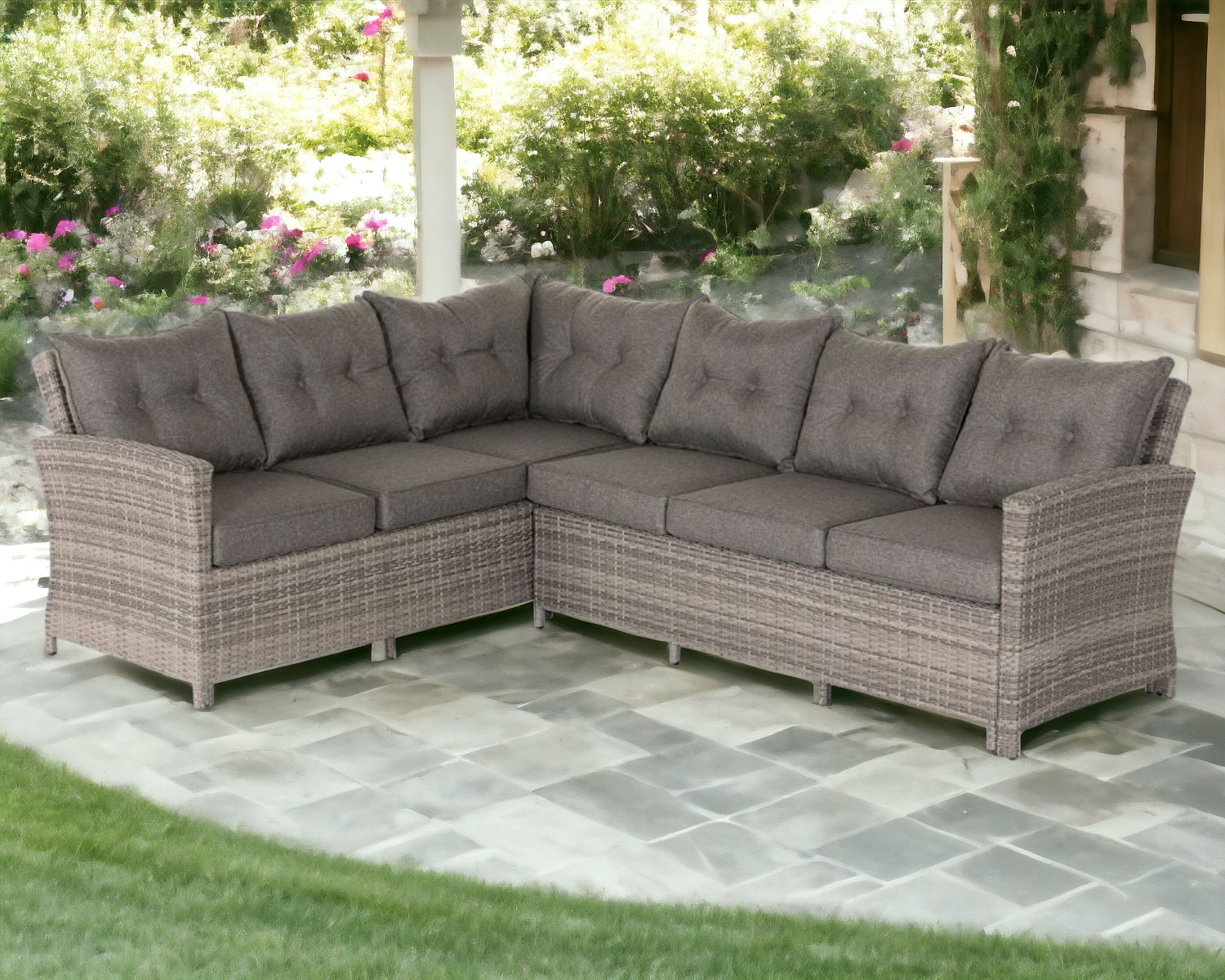 Product photograph of Sorrento Rattan Corner Sofa In Double Flat Grey - Rattan Direct from Rattan Direct