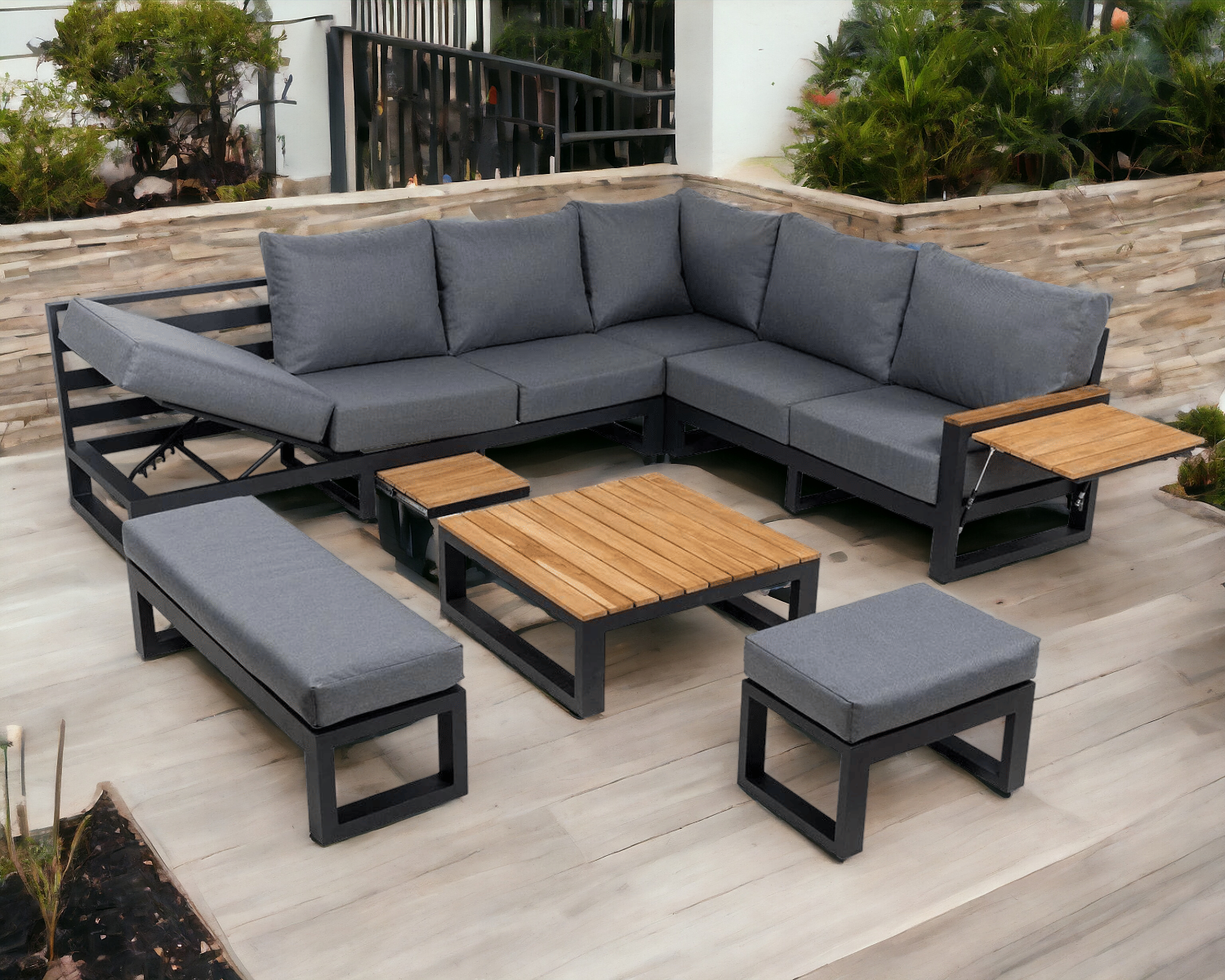 Product photograph of Aluminium Teak Garden Corner Sofa Set With Built-in Right-hand Recliner - Sequoyah - Rattan Direct from Rattan Direct