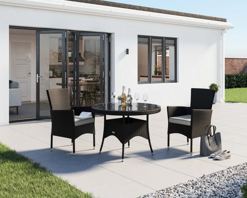 Cambridge 2 Rattan Garden Chairs and Small Round Table Set in Black and Vanilla Rattan Direct