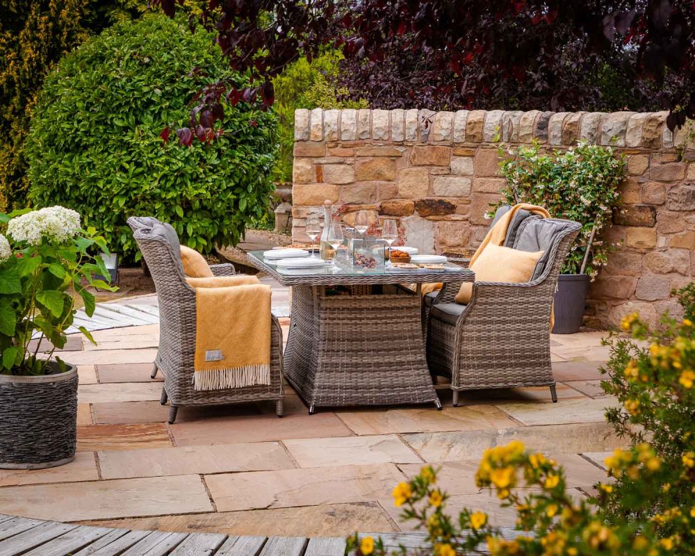 Riviera 4 Rattan Garden Chairs and Rectangular Fire Pit Dining Table in Grey Rattan Direct