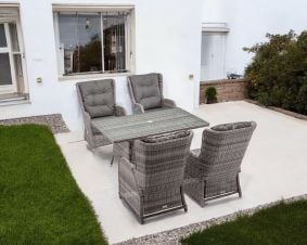 Fiji 4 Reclining Rattan Garden Dining Chairs and Rectangular Table in Grey