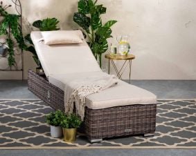 Miami Rattan Garden Sun Lounger in Premium Truffle Brown and Champagne