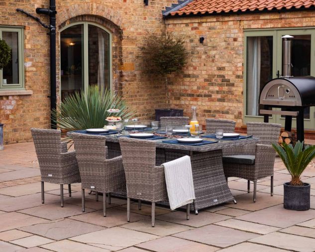 Cambridge 6 Rattan Garden Chairs And, Rectangle Fire Pit Dining Table Set