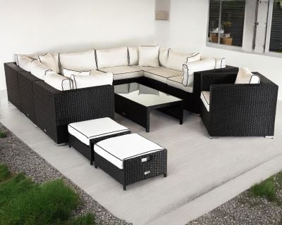 Geneva 12 Piece Rattan Garden Corner Sofa Set in Black and Vanilla