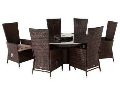 Cambridge 6 Reclining Rattan Garden Chairs and Large Round Table Set in Chocolate and Cream