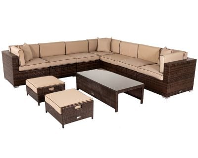 Geneva 10 Piece Rattan Garden Corner Sofa Set in Chocolate and Cream