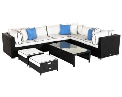 Geneva 9 Piece Rattan Garden Corner Sofa Set in Black and Vanilla