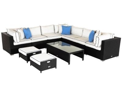 Geneva 10 Piece Rattan Garden Corner Sofa Set in Black and Vanilla