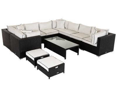 Geneva 11 Piece Rattan Garden Corner Sofa Set in Black and Vanilla