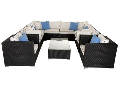 Geneva 9 Piece Rattan Garden Corner Sofa Set in Black and Vanilla