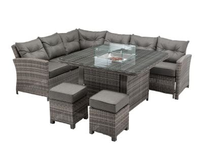 Sorrento Rattan Garden Corner Dining Set with Square Fire Pit Table in Grey