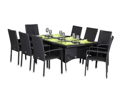 Rio 8 Armed Stacking Rattan Garden Chairs and Large Rectangular Dining Table in Black and Vanilla