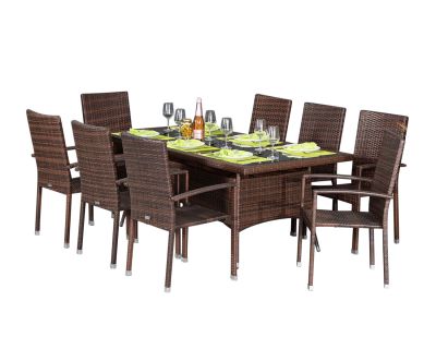 Rio 8 Armed Stacking Rattan Garden Chairs and Large Rectangular Dining Table in Chocolate and Cream