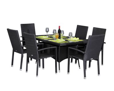 Rio 6 Armed Stacking Rattan Garden Chairs and Large Rectangular Dining Table in Black