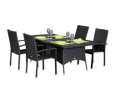 Rio 4 Armed Stacking Rattan Garden Chairs and Large Rectangular Dining Table in Black and Vanilla