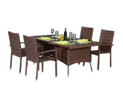 Rio 4 Armed Stacking Rattan Garden Chairs and Large Rectangular Dining Table in Chocolate and Cream