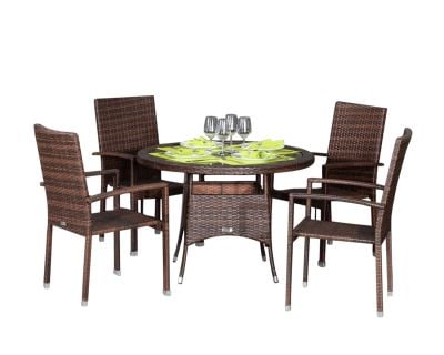 Rio 4 Armed Stacking Rattan Garden Chairs and Small Round Dining Table in Chocolate Mix