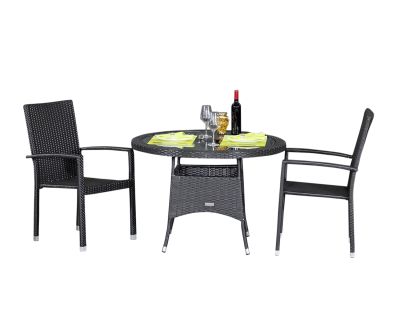 2 Rio Armed Stacking Rattan Garden Chairs and Small Round Dining Table in Black
