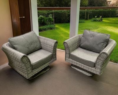 Lisbon Pair of Rattan Garden Swivel Chairs in Grey