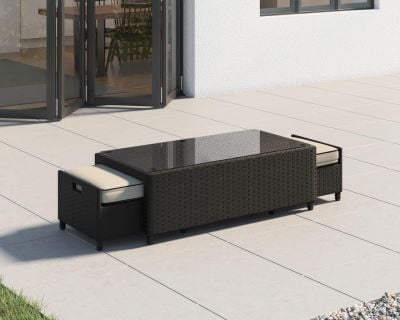 Black Rattan Coffee Table With Footstools