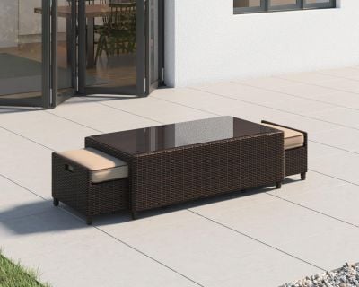 Ascot Rattan Garden Coffee Table with 2 Footstools in Chocolate Mix and Coffee Cream