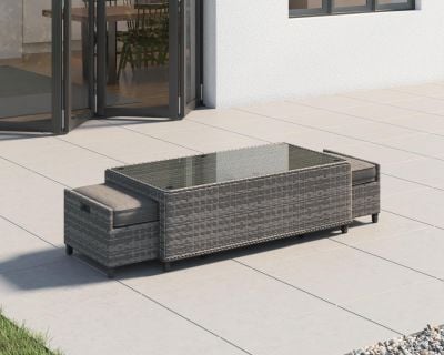Ascot Rattan Garden Coffee Table with 2 Footstools in Grey