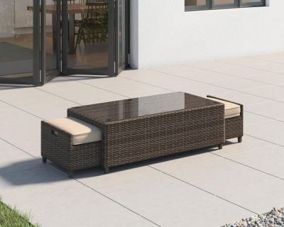 Ascot Rattan Garden Coffee Table with 2 Footstools in Truffle and Champagne