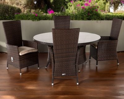 Cambridge 4 Rattan Reclining Chairs and Large Round Table Set in Chocolate Mix and Coffee Cream