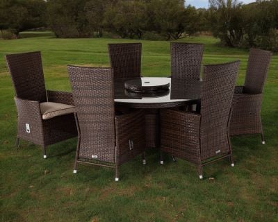 Cambridge 6 Reclining Rattan Garden Chairs and Large Round Table Set in Chocolate and Cream