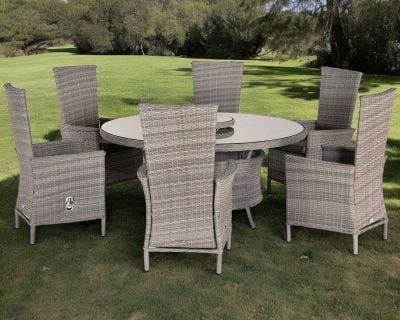 Cambridge 6 Rattan Reclining Chairs and Large Round Table Set in Grey