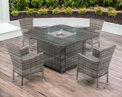 Cambridge 4 Rattan Garden Chairs and Square Fire Pit Dining Table in Grey