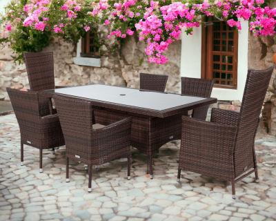 Cambridge 2 Reclining + 4 Non-Reclining Rattan Garden Chairs and Rectangular Table Set in Chocolate and Cream