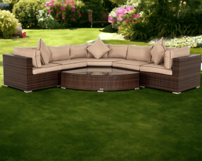 Florida 6 Piece Angled Rattan Garden Corner Sofa Set in Chocolate and Cream